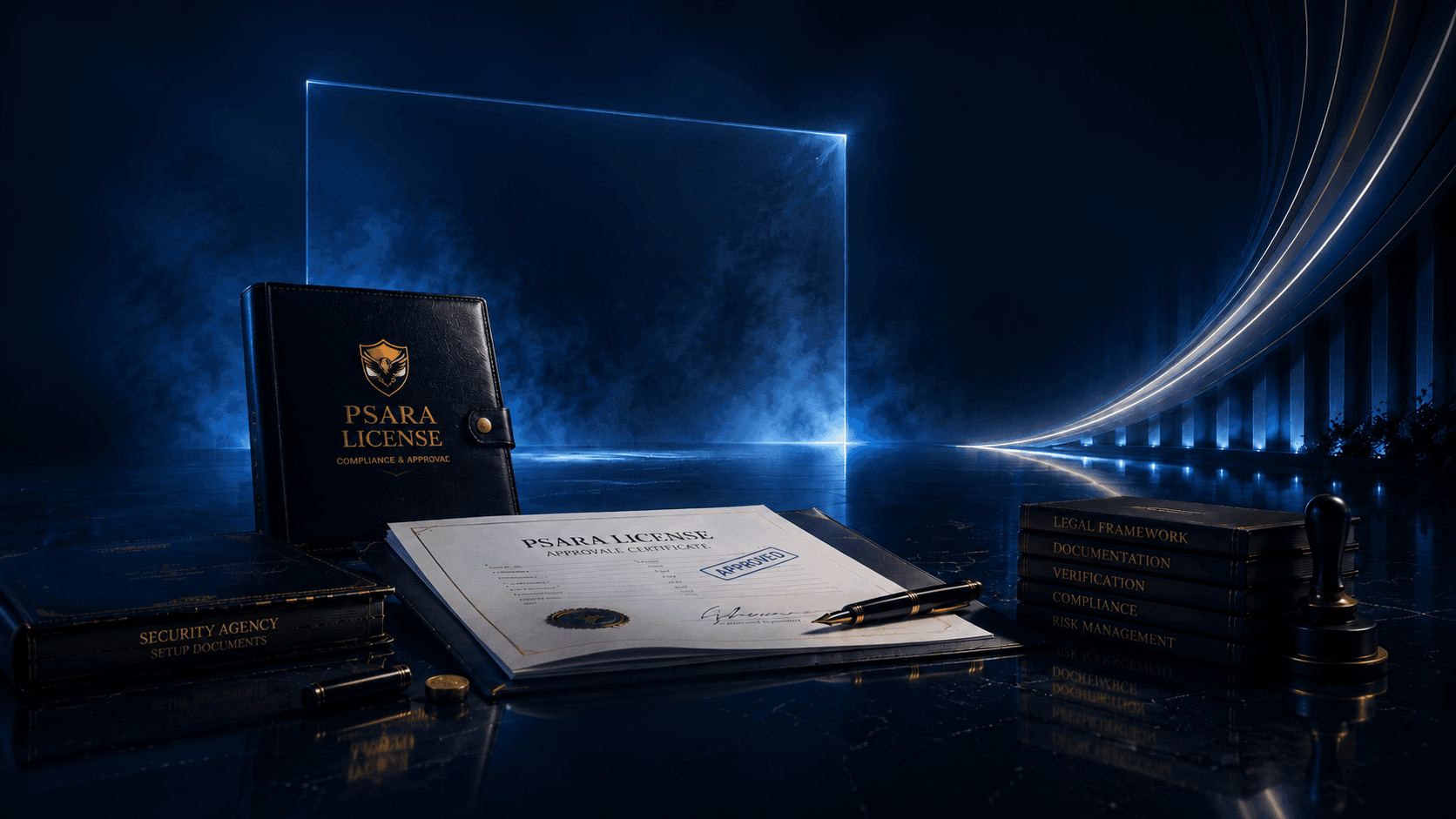 Security professional in a modern corporate setting — PSARA License clearance hero background